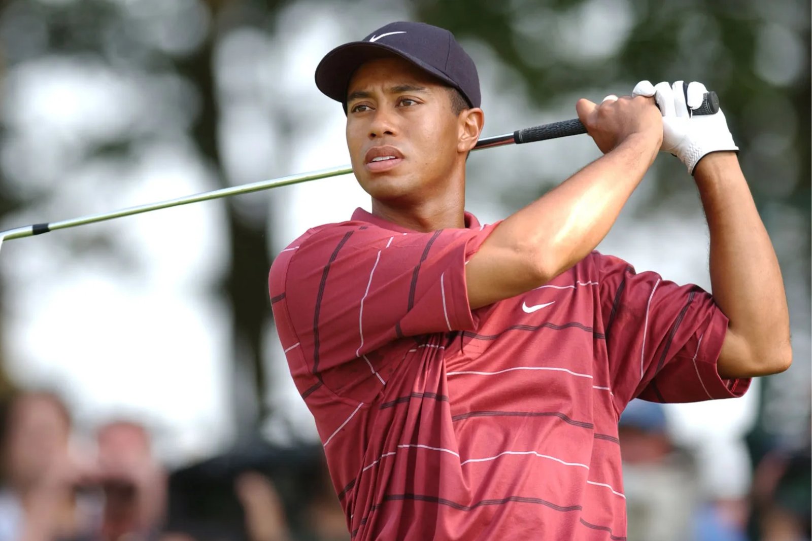 Tiger Woods in a red striped shirt and black cap, watching his shot after a swing.
